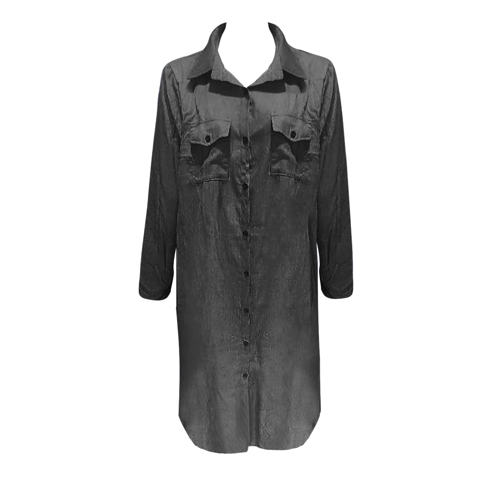 thumbnail image 4 of Vestido camisero holgado de color liso para mujer - Con cuello, poliéster-algodón, tallas S-XXXXXL, estilo informal/para todas las estaciones, largo, 4 of 4